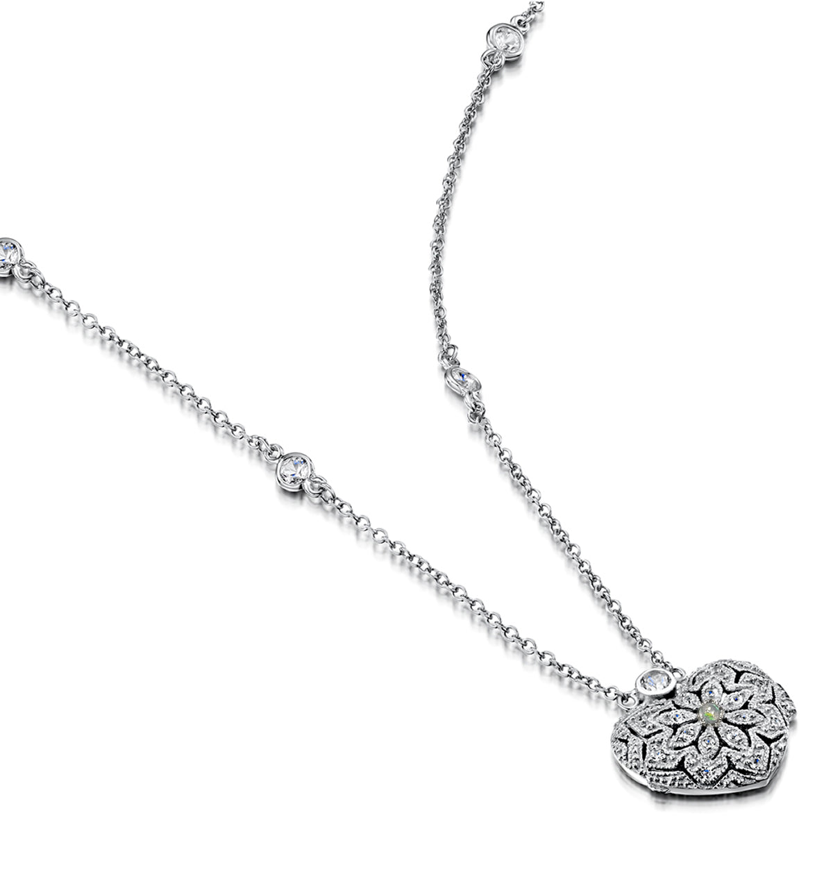 Opal October Birthstone Vintage Locket Necklace White Topaz in Silver